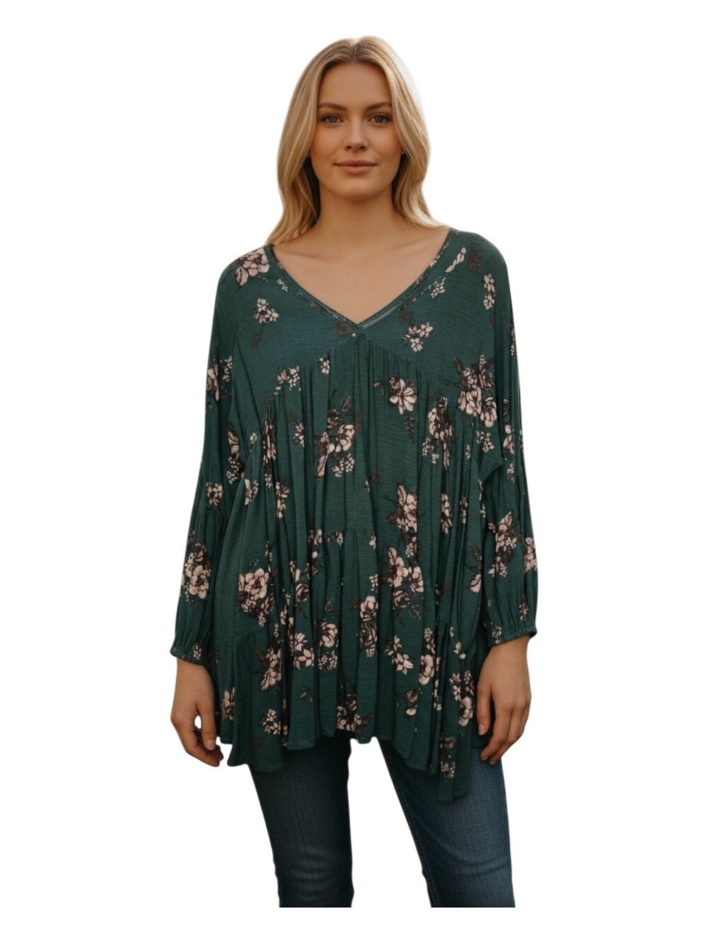 JADE by JANE Womens Green Floral Print Festival Concert Boho Tunic Blouse XL